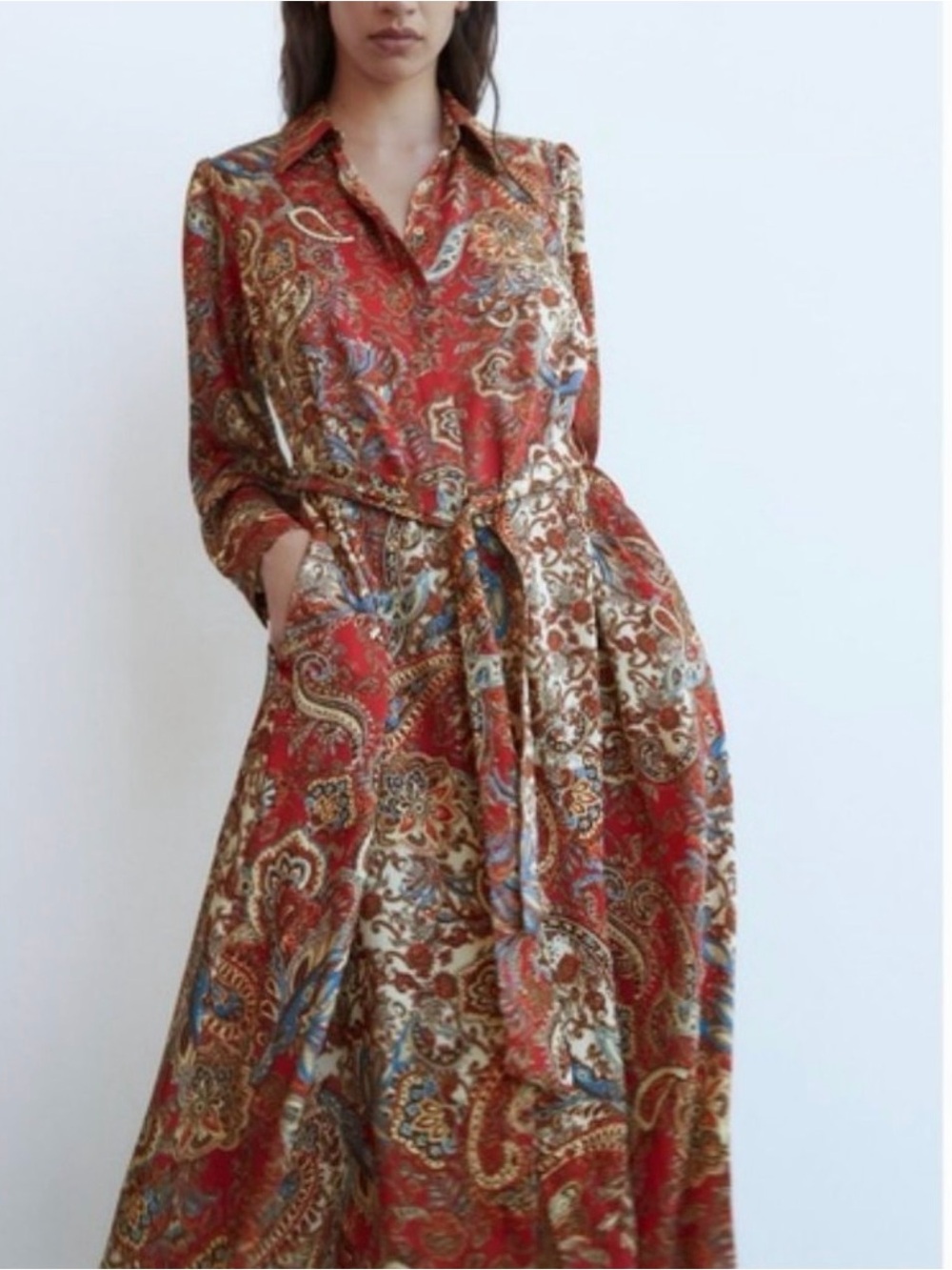 ZARA Paisley Satin Dress with Belt XS